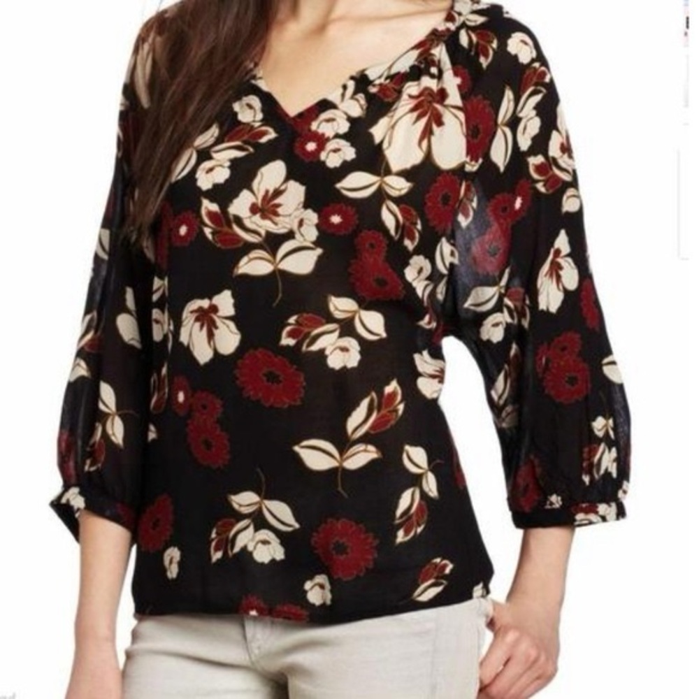 Lucky Brand Floral Black Red Ivory Blouse EUC sz XL
